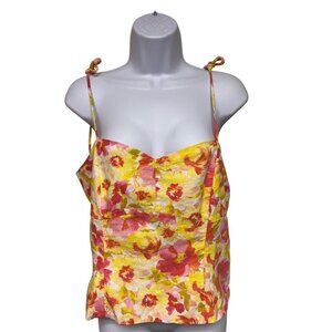 Old Navy Women's Tank Top Linen Blend Yellow Red Floral Smocked Size Medium NEW!